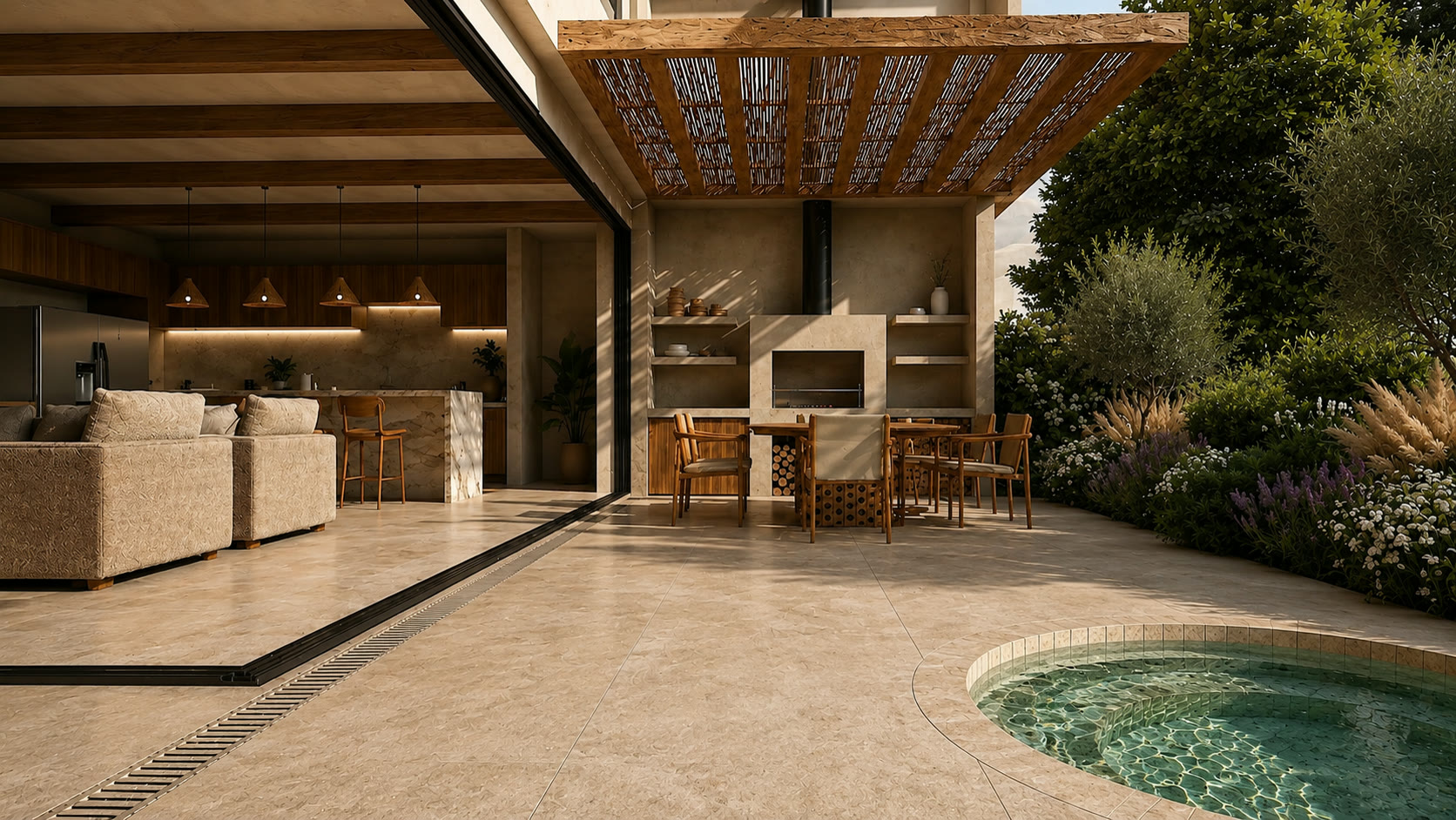 Terraza con jacuzzi de la residencia Tres Árboles