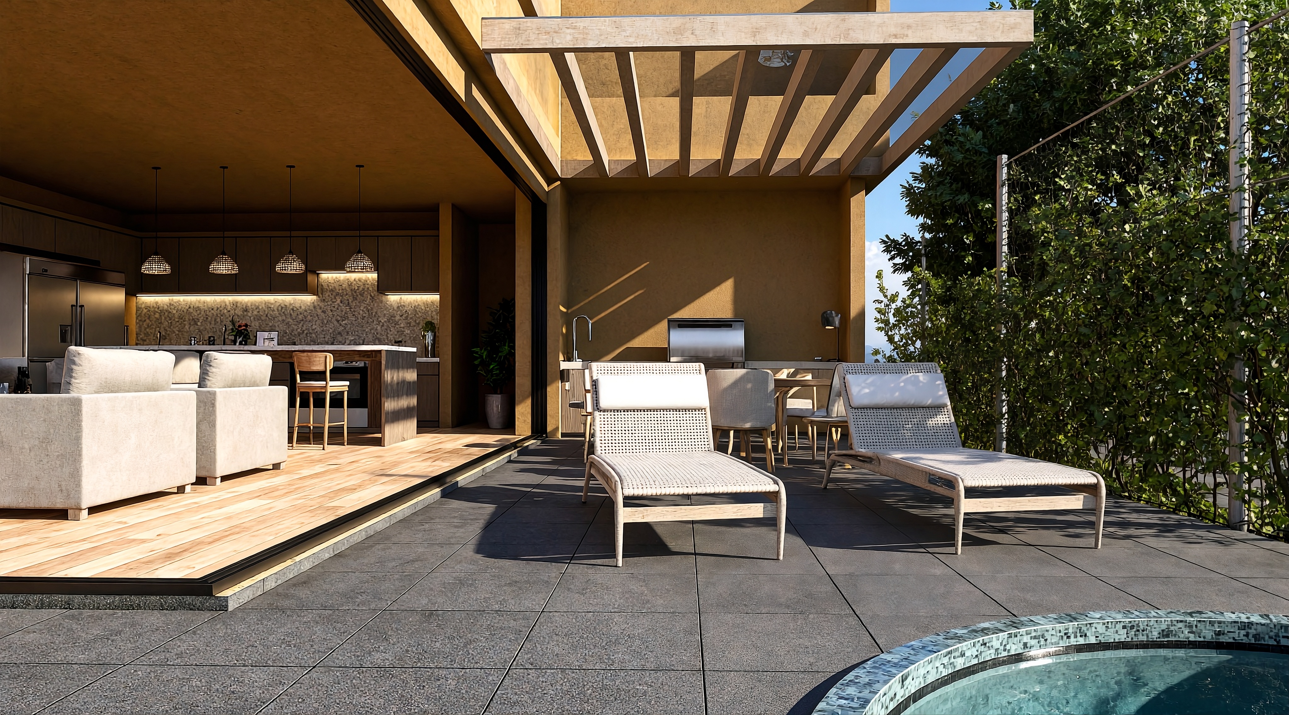 Terraza con jacuzzi de la residencia Tres Árboles